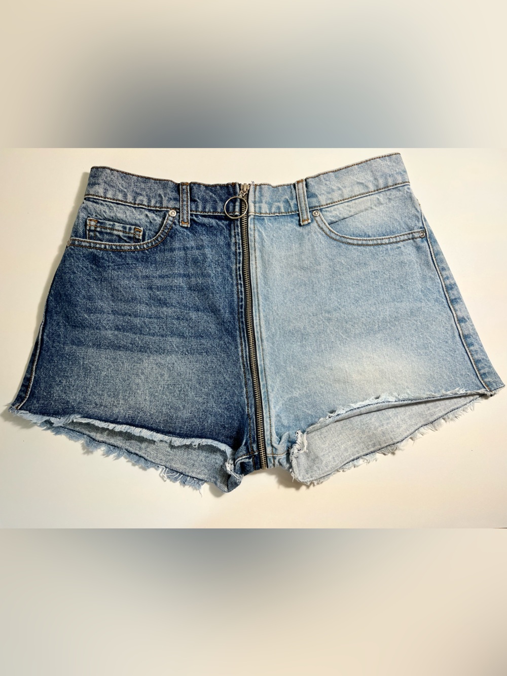 REVICE Two-Tone Blue Denim Zip-Front to Back Shorts